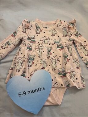 Pink Mouse Print Long-Sleeve Baby Dress Bodysuit